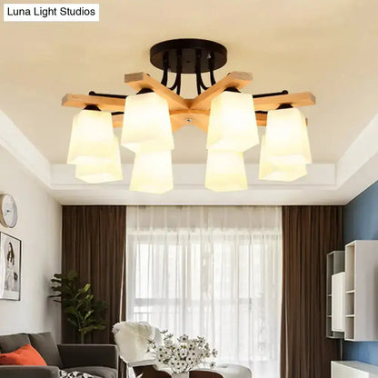 Modern wood & black semi flush mount milk glass shade living room light