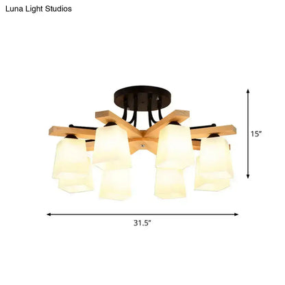 Modern wood & black semi flush mount milk glass shade living room light