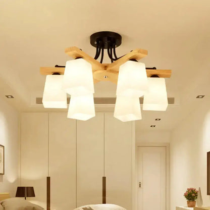 Modern wood & black semi flush mount milk glass shade living room light