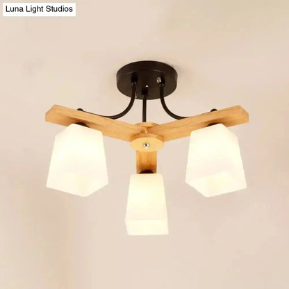 Modern wood & black semi flush mount milk glass shade living room light