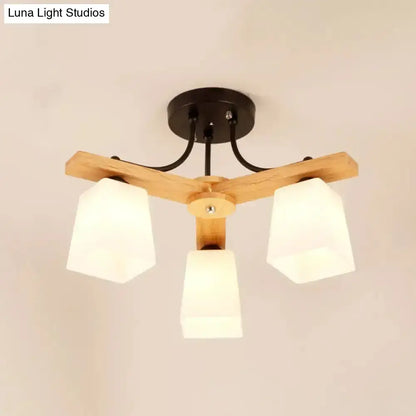 Modern wood & black semi flush mount milk glass shade living room light