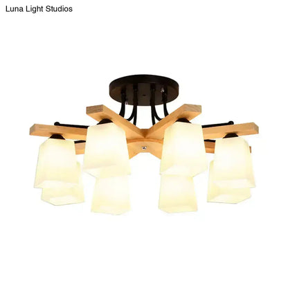 Modern wood & black semi flush mount milk glass shade living room light