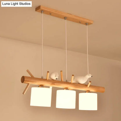 Modern wood cylinder hanging light with birds white glass kitchen