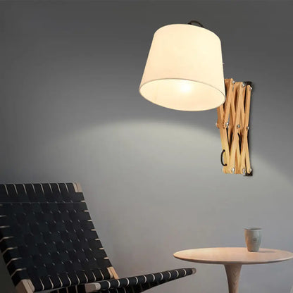 DecorBites™ Modern Wood Expansion Arm Sconce with White Fabric Shade
