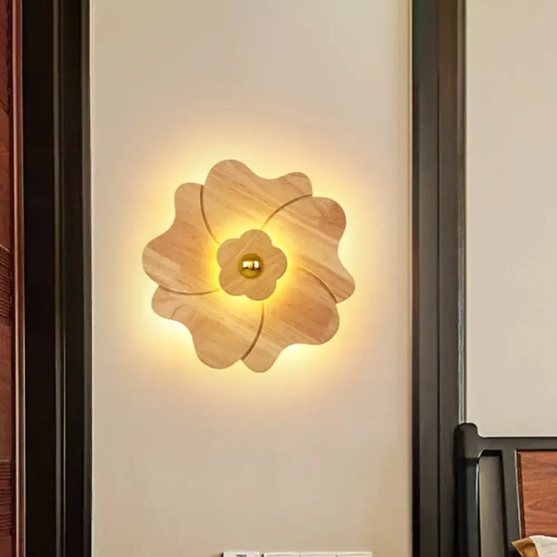 Modern wood flower wall light sconce bedroom brass accent