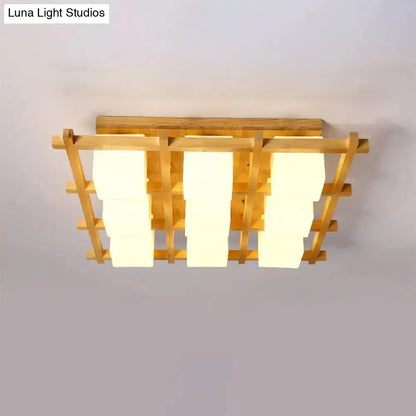 DecorBites™ Modern Wood Grid Semi Flush Mount Ceiling Light with 4/6/9 Milk Glass Heads in Beige