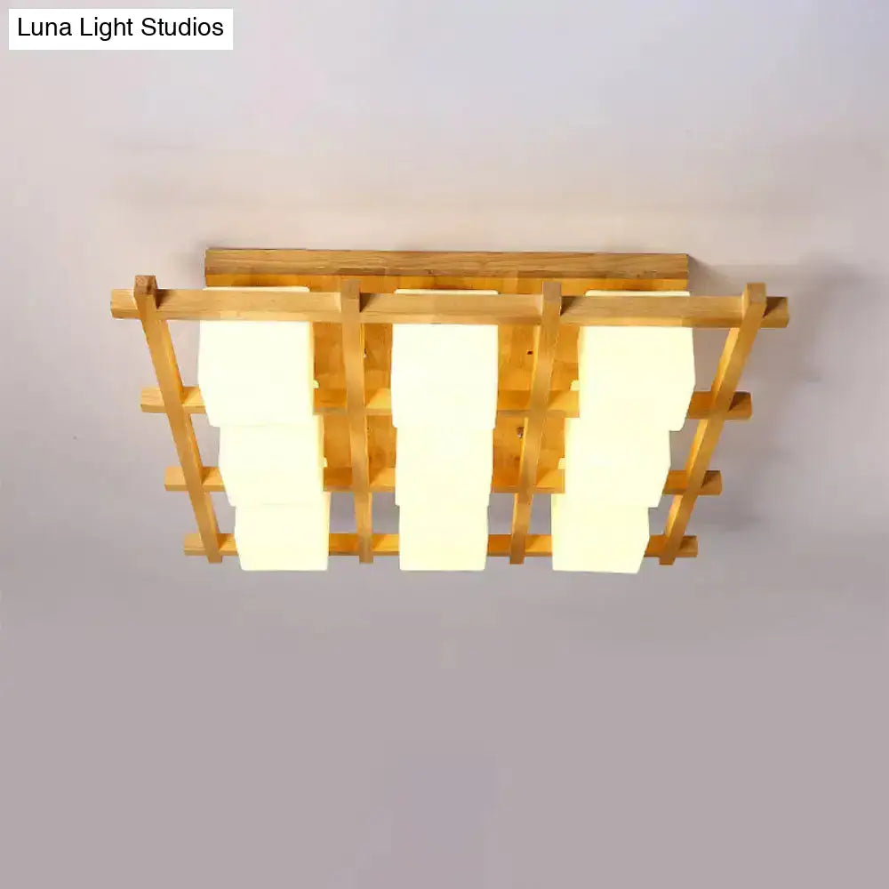 DecorBites™ Modern Wood Grid Semi Flush Mount Ceiling Light with 4/6/9 Milk Glass Heads in Beige