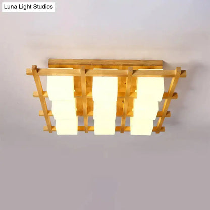 DecorBites™ Modern Wood Grid Semi Flush Mount Ceiling Light with 4/6/9 Milk Glass Heads in Beige