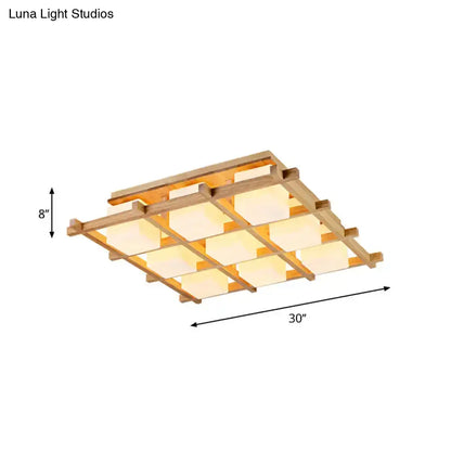 DecorBites™ Modern Wood Grid Semi Flush Mount Ceiling Light with 4/6/9 Milk Glass Heads in Beige