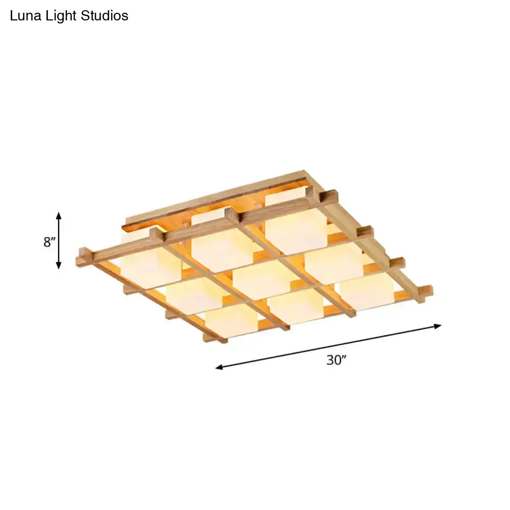 DecorBites™ Modern Wood Grid Semi Flush Mount Ceiling Light with 4/6/9 Milk Glass Heads in Beige