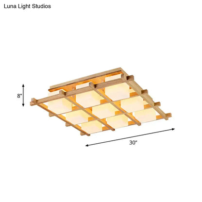 DecorBites™ Modern Wood Grid Semi Flush Mount Ceiling Light with 4/6/9 Milk Glass Heads in Beige