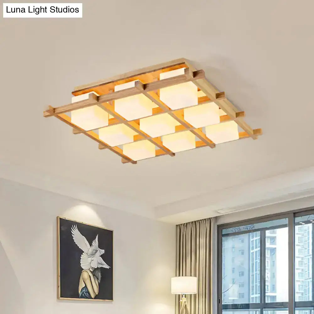 DecorBites™ Modern Wood Grid Semi Flush Mount Ceiling Light with 4/6/9 Milk Glass Heads in Beige