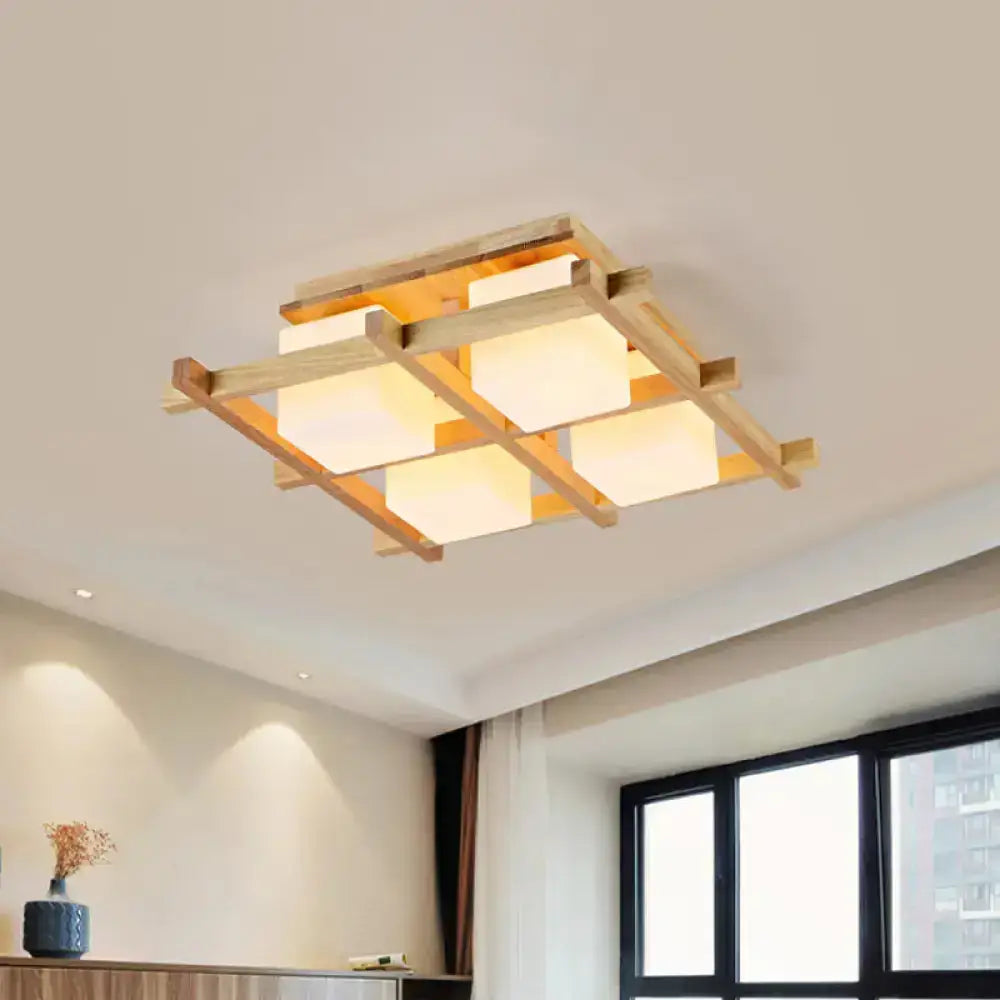 DecorBites™ Modern Wood Grid Semi Flush Mount Ceiling Light with 4/6/9 Milk Glass Heads in Beige
