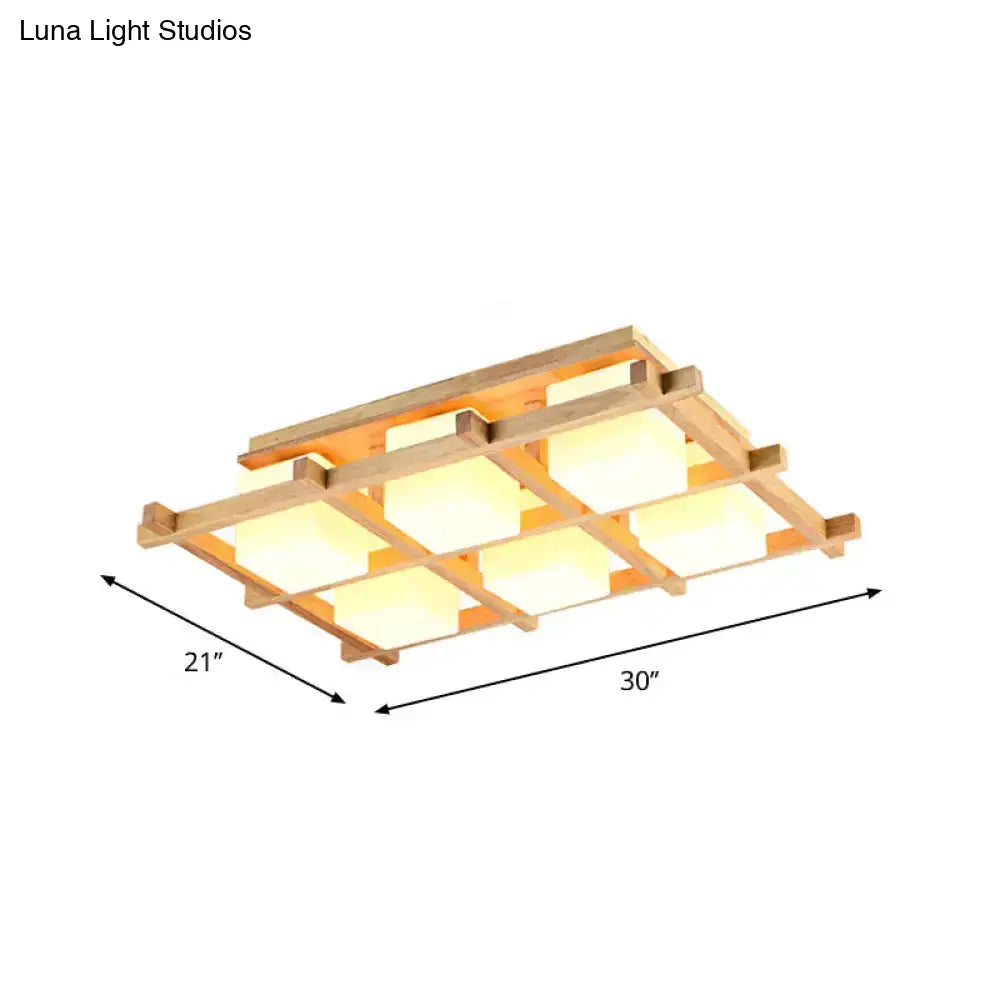 DecorBites™ Modern Wood Grid Semi Flush Mount Ceiling Light with 4/6/9 Milk Glass Heads in Beige