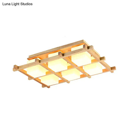 DecorBites™ Modern Wood Grid Semi Flush Mount Ceiling Light with 4/6/9 Milk Glass Heads in Beige