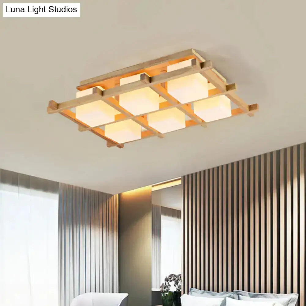 DecorBites™ Modern Wood Grid Semi Flush Mount Ceiling Light with 4/6/9 Milk Glass Heads in Beige