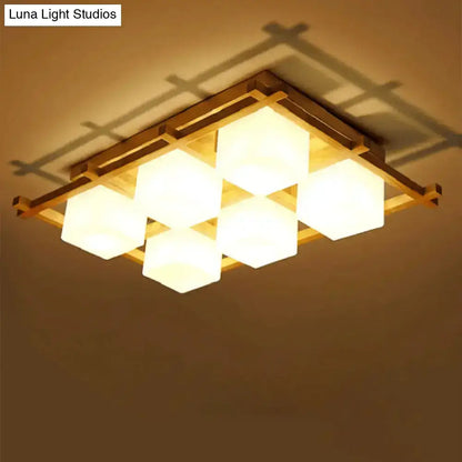 DecorBites™ Modern Wood Grid Semi Flush Mount Ceiling Light with 4/6/9 Milk Glass Heads in Beige