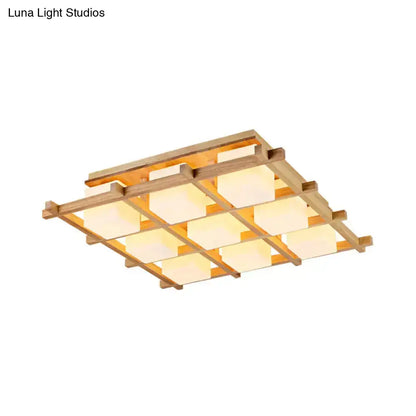 DecorBites™ Modern Wood Grid Semi Flush Mount Ceiling Light with 4/6/9 Milk Glass Heads in Beige