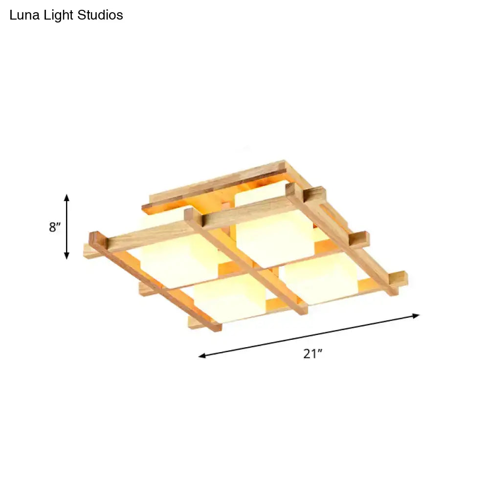 DecorBites™ Modern Wood Grid Semi Flush Mount Ceiling Light with 4/6/9 Milk Glass Heads in Beige