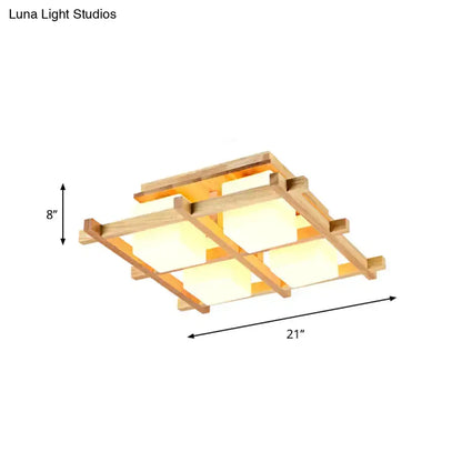 DecorBites™ Modern Wood Grid Semi Flush Mount Ceiling Light with 4/6/9 Milk Glass Heads in Beige