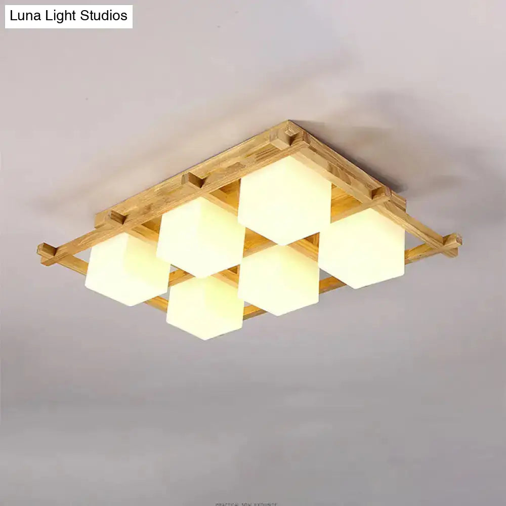 DecorBites™ Modern Wood Grid Semi Flush Mount Ceiling Light with 4/6/9 Milk Glass Heads in Beige