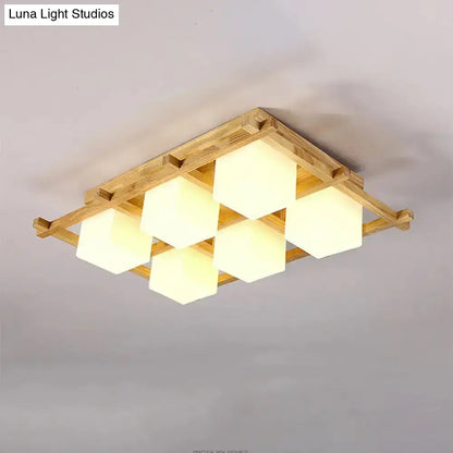 DecorBites™ Modern Wood Grid Semi Flush Mount Ceiling Light with 4/6/9 Milk Glass Heads in Beige