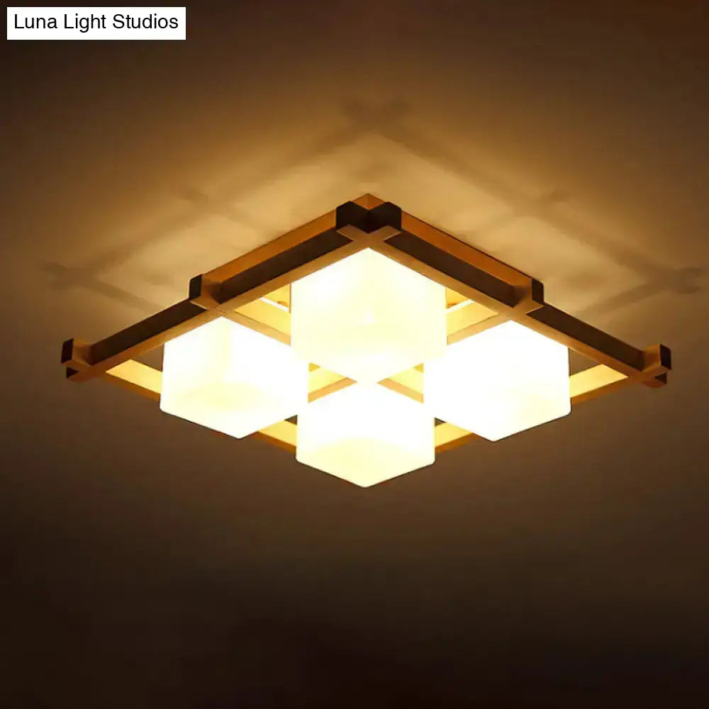 DecorBites™ Modern Wood Grid Semi Flush Mount Ceiling Light with 4/6/9 Milk Glass Heads in Beige