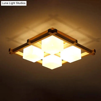 DecorBites™ Modern Wood Grid Semi Flush Mount Ceiling Light with 4/6/9 Milk Glass Heads in Beige