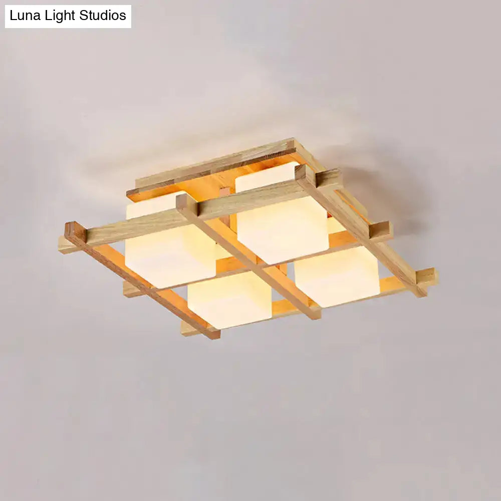 DecorBites™ Modern Wood Grid Semi Flush Mount Ceiling Light with 4/6/9 Milk Glass Heads in Beige