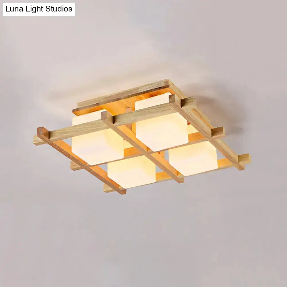 DecorBites™ Modern Wood Grid Semi Flush Mount Ceiling Light with 4/6/9 Milk Glass Heads in Beige