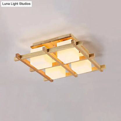 DecorBites™ Modern Wood Grid Semi Flush Mount Ceiling Light with 4/6/9 Milk Glass Heads in Beige