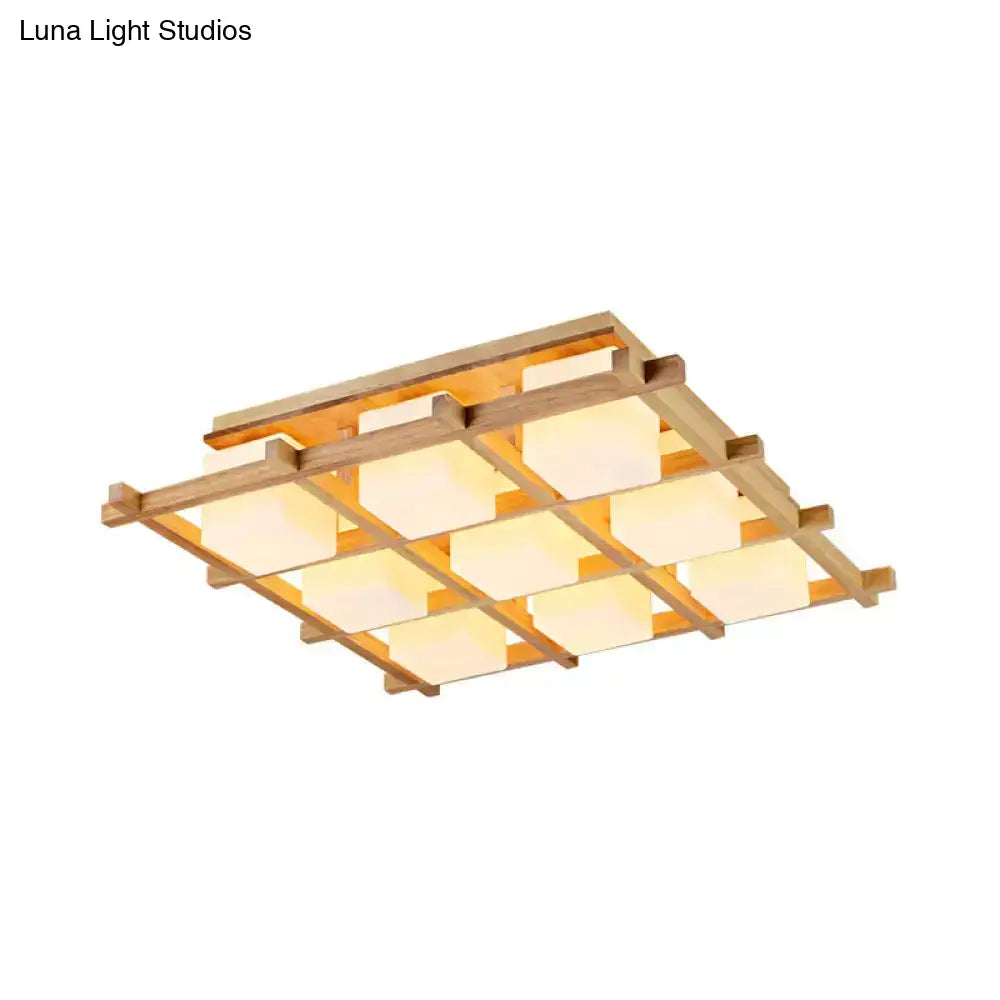 DecorBites™ Modern Wood Grid Semi Flush Mount Ceiling Light with 4/6/9 Milk Glass Heads in Beige