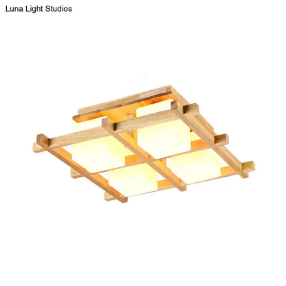 DecorBites™ Modern Wood Grid Semi Flush Mount Ceiling Light with 4/6/9 Milk Glass Heads in Beige