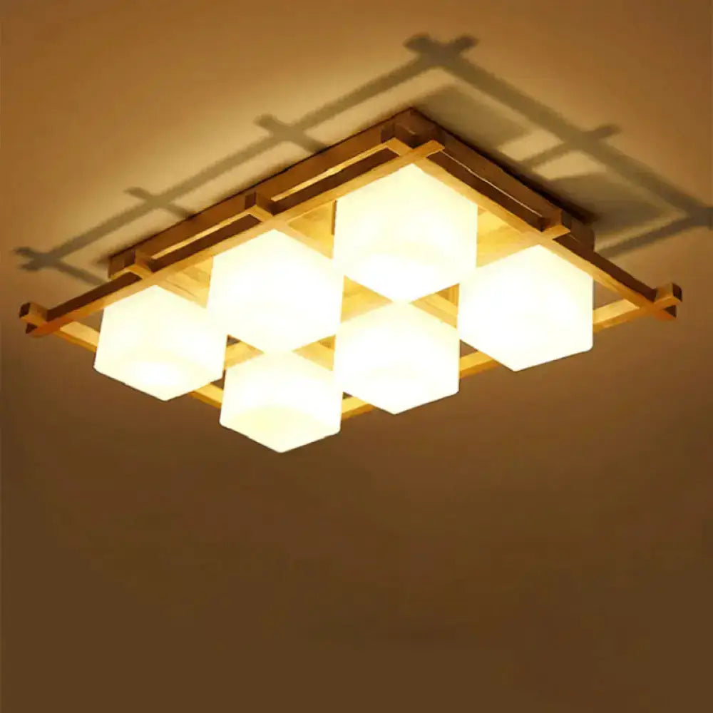 DecorBites™ Modern Wood Grid Semi Flush Mount Ceiling Light with 4/6/9 Milk Glass Heads in Beige