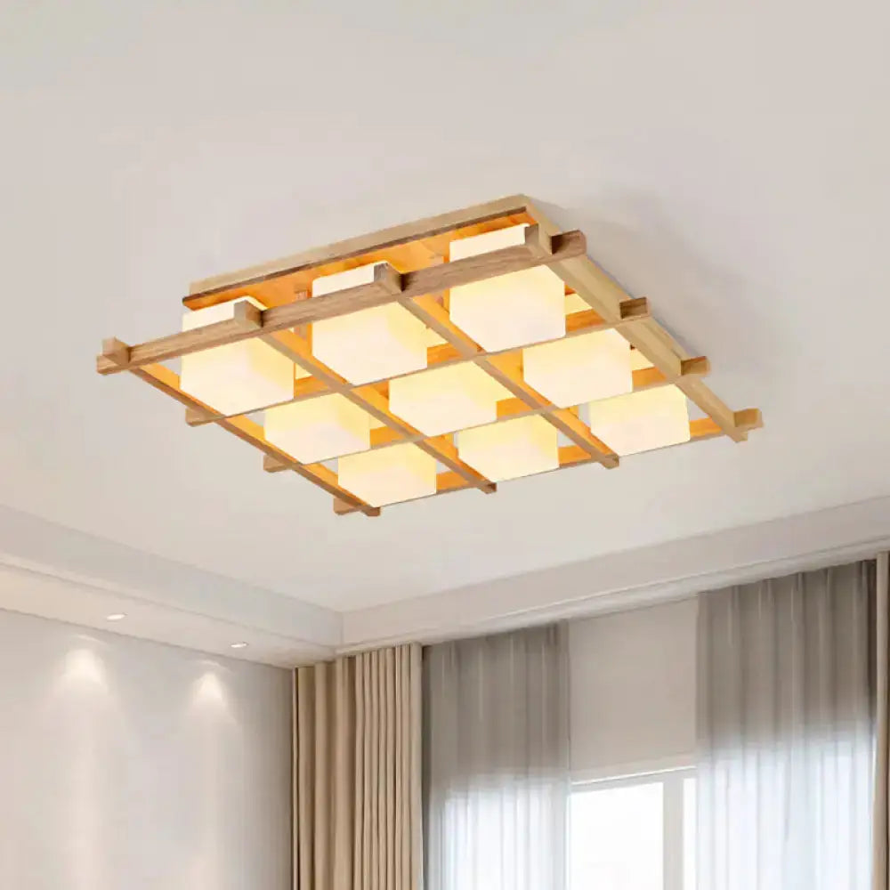 DecorBites™ Modern Wood Grid Semi Flush Mount Ceiling Light with 4/6/9 Milk Glass Heads in Beige