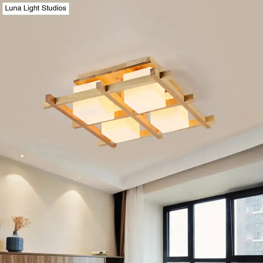 DecorBites™ Modern Wood Grid Semi Flush Mount Ceiling Light with 4/6/9 Milk Glass Heads in Beige