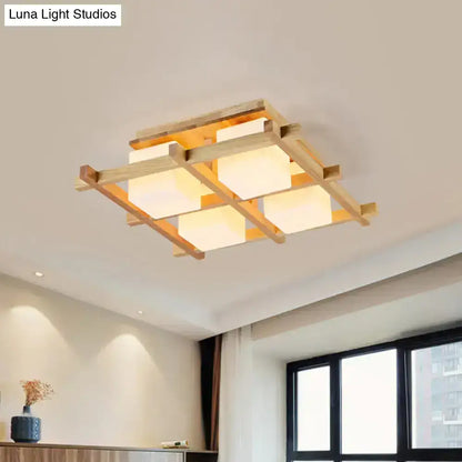 Modern wood grid semi flush mount – living room glass ceiling light