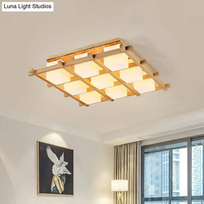 Modern wood grid semi flush mount – living room glass ceiling light