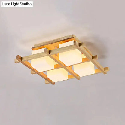 Modern wood grid semi flush mount – living room glass ceiling light