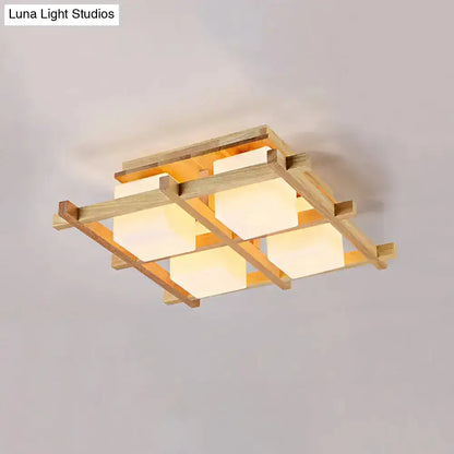 Modern wood grid semi flush mount – living room glass ceiling light