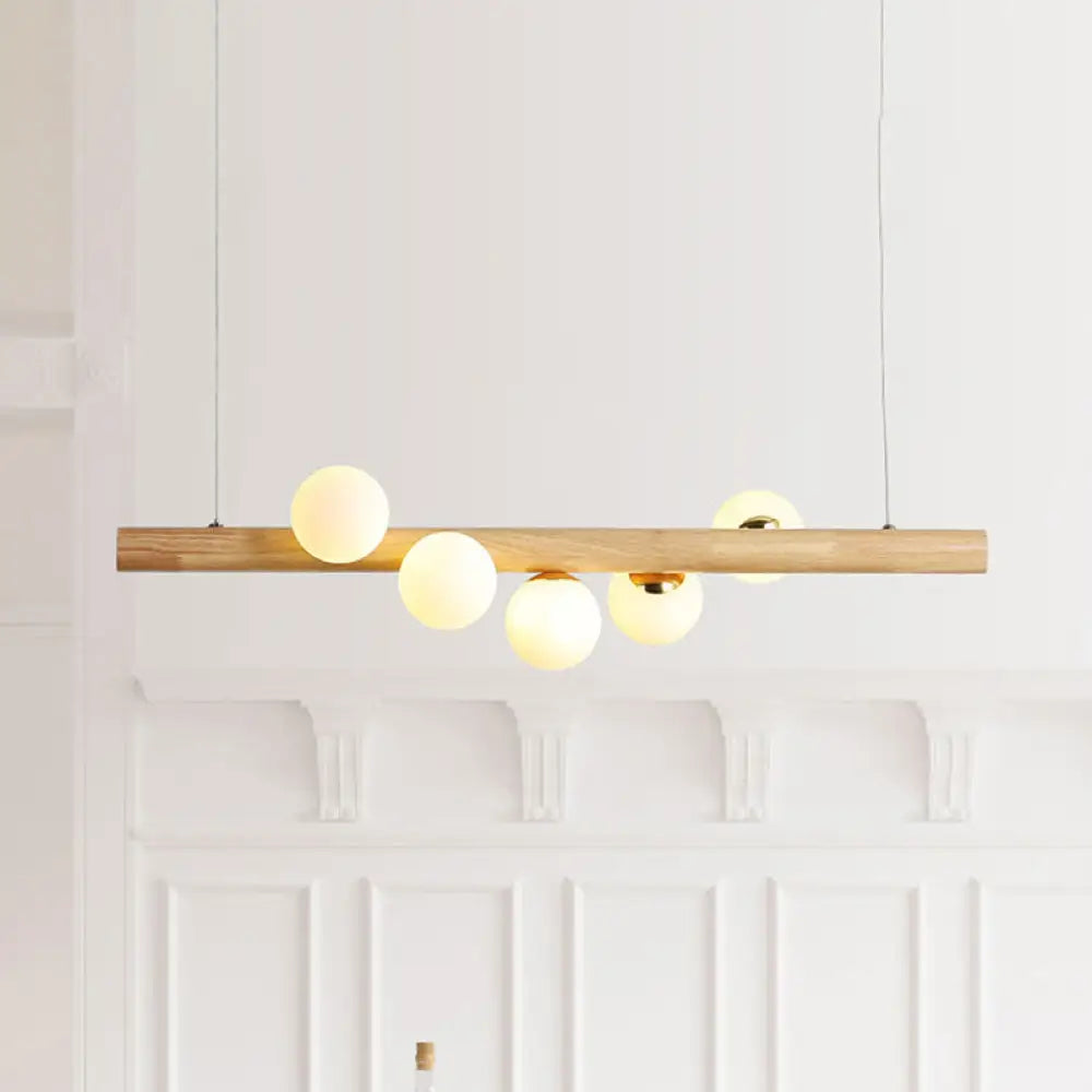 DecorBites™ Modern Wood Island Light with Spherical Shade - Opal Glass Ceiling Lamp (5/7 Lights) for Dining Room