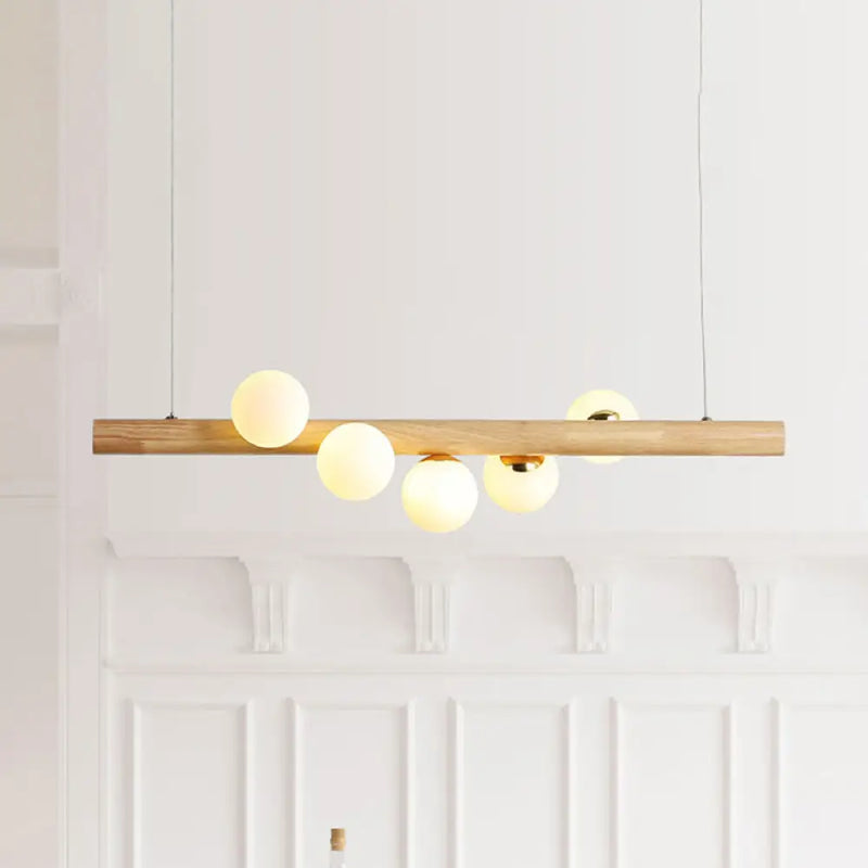 DecorBites™ Modern Wood Island Light with Spherical Shade - Opal Glass Ceiling Lamp (5/7 Lights) for Dining Room