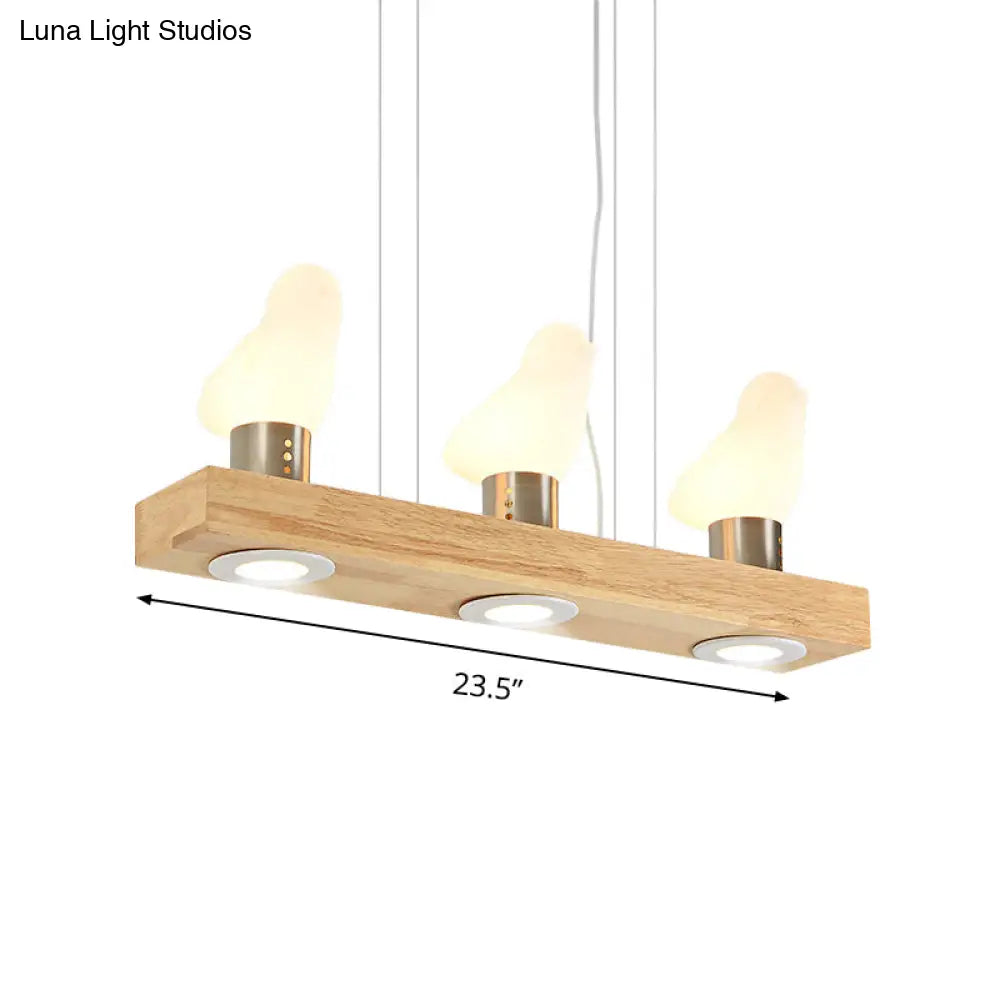 DecorBites™ Modern Wood Island Light with White Glass Shades - Rectangular Design, 3 Heads, Dining Room Pendant Lamp