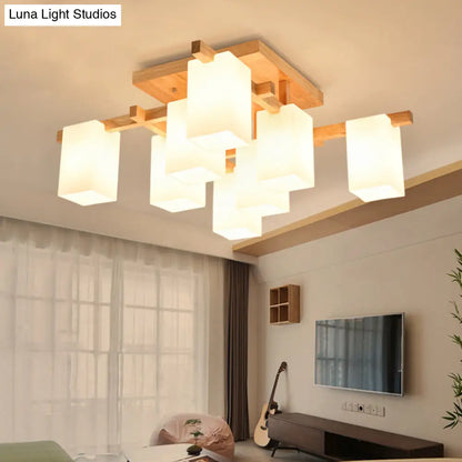 DecorBites™ Modern Wood Living Room Semi Flush Mount Chandelier with White Glass Shade - Square Design