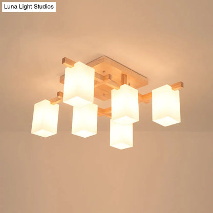 DecorBites™ Modern Wood Living Room Semi Flush Mount Chandelier with White Glass Shade - Square Design