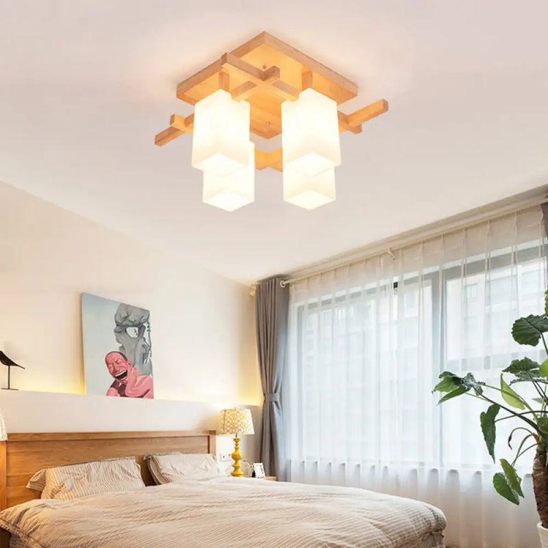 DecorBites™ Modern Wood Living Room Semi Flush Mount Chandelier with White Glass Shade - Square Design