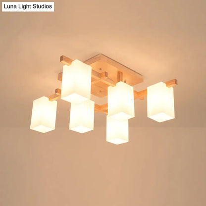 DecorBites™ Modern Wood Living Room Semi Flush Mount Chandelier with White Glass Shade - Square Design