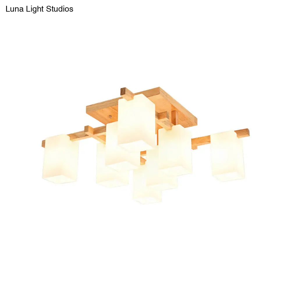 DecorBites™ Modern Wood Living Room Semi Flush Mount Chandelier with White Glass Shade - Square Design