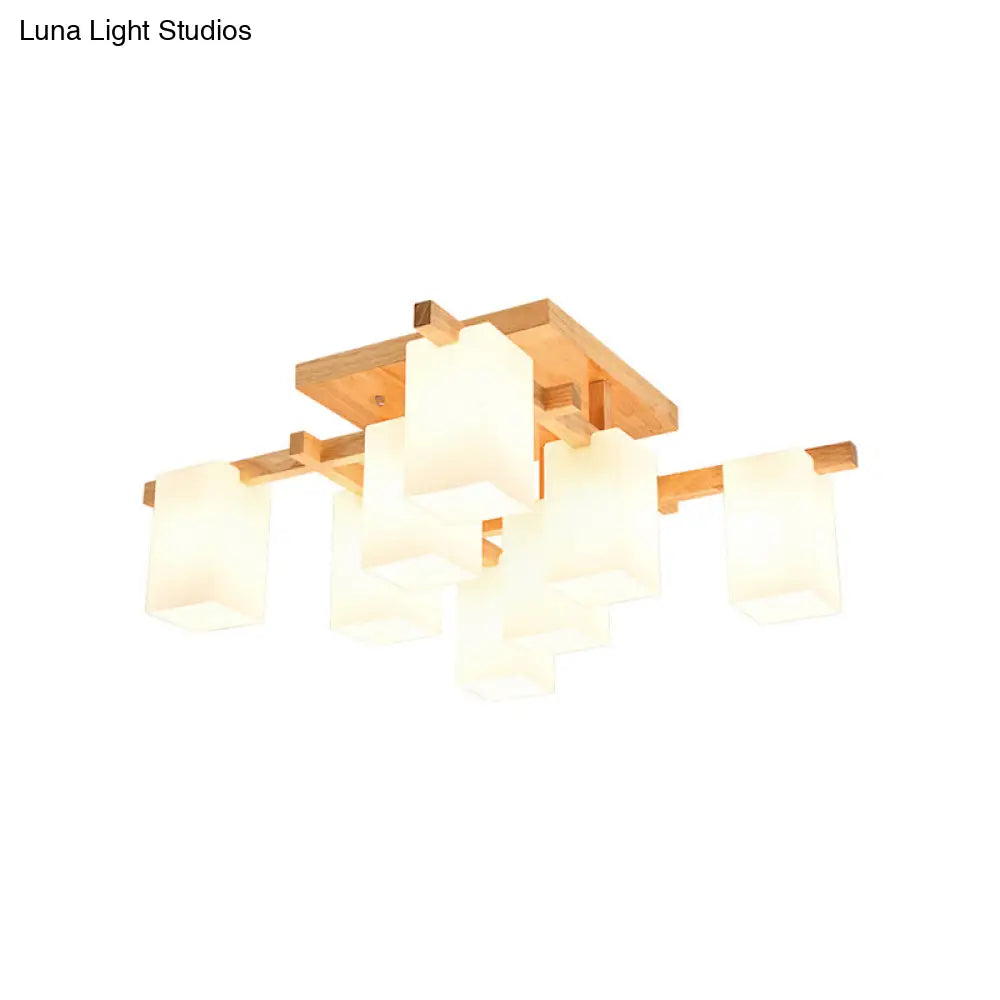 DecorBites™ Modern Wood Living Room Semi Flush Mount Chandelier with White Glass Shade - Square Design