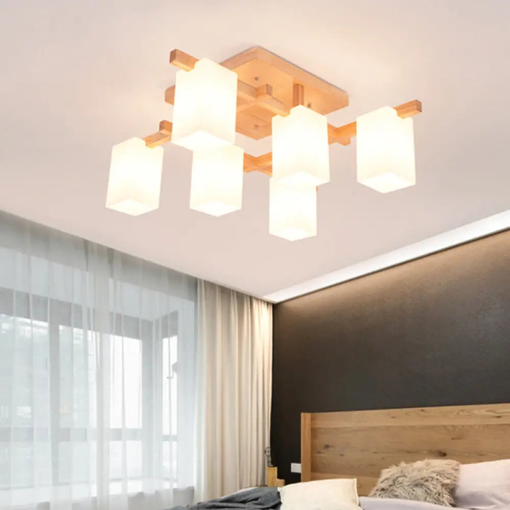 DecorBites™ Modern Wood Living Room Semi Flush Mount Chandelier with White Glass Shade - Square Design